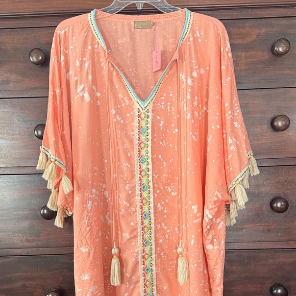 Skemo Tops - Skemo Coral Tunic with Colorful Embellishments and Tassels